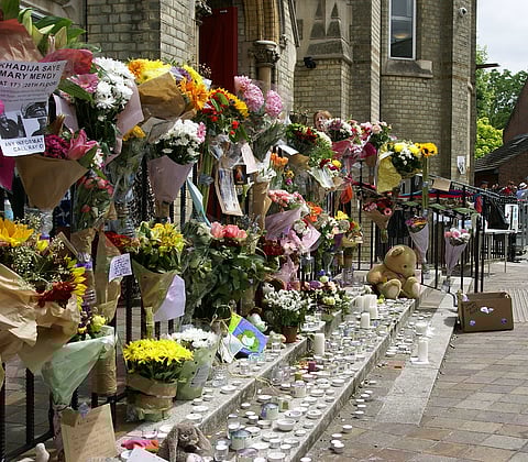 Floral tribute for the victims of the Grenfell Tower blaze outside Notting Hill Methodist Church